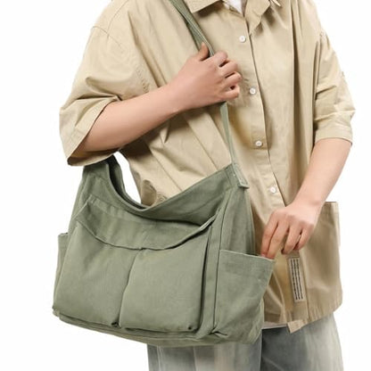 Cute Canvas Tote Bag for School/Work/Travel, Large Crossbody Messenger Bag Laptop Shoulder Bag - color: Dark Forest Green