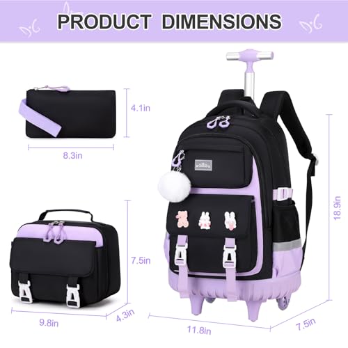 DIGOBAY Rolling Backpack for Girls, Roller Bag with Lunch Box Pencil case | Kawaii Girls Roller Backpack With Wheels School Bookbag With Cute Pins for Elementary Middle School, Black Purple - color: Blackpurple
