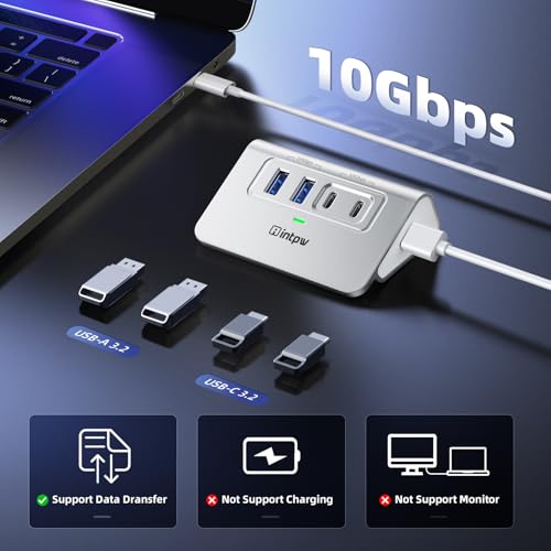 Intpw USB 3.2 Hub,Aluminum 4 Port USB Splitter 10Gbps with 2 USB C/USB A 3.2 Data Ports, 3.3ft Cable, USB HUB for PC/Laptop/Xbox/FlashDrive/Printer/Camera/Keyborad/Mouse - size: 10Gbps