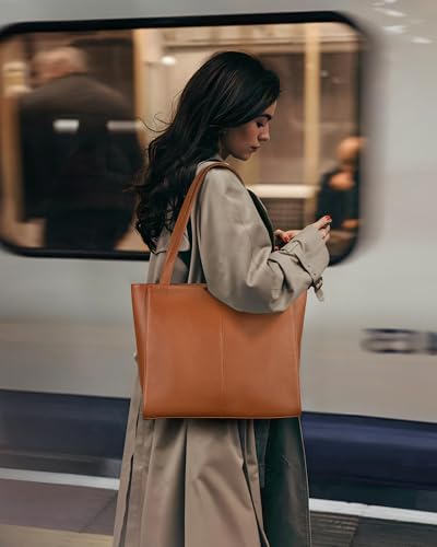 befen Genuine Leather Tote Bag for Women Work Travel Leather Purse Handbags | Real Leather, Padded 14" Laptop Compartment, Multi-Pockets, Zipper, Tote Bag for Daily - color: Cognac Brown