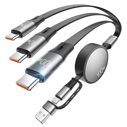 CAFELE Retractable Charging Cable, 100W USB C Fast Charger Cable 3 in 1 with [30-130cm] Adjustable Length, Multi-Port Cord for Laptop, Phone, Car, Travel - PD3.1/QC5.0（Grey） - color: Grey-5