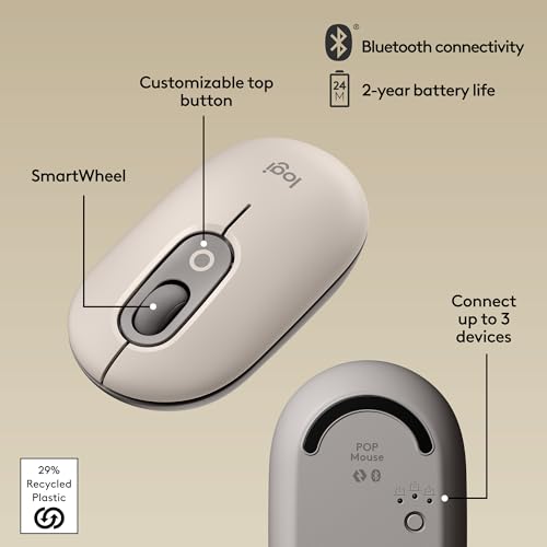 Logitech POP Mouse, Compact and Portable Wireless Bluetooth Mouse - Mist | Compact, portable design, programmable buttons, easy-switch between up to 3 devices, compatible with Laptop, Tablet, PC - color: Mist