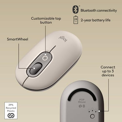 Logitech POP Mouse, Compact and Portable Wireless Bluetooth Mouse - Mist | Compact, portable design, programmable buttons, easy-switch between up to 3 devices, compatible with Laptop, Tablet, PC - color: Mist