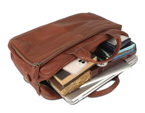 KomalC Leather briefcase 16 inch Laptop Messenger Bag for Men and Women Best Office Satchel Bag - color: Wash Tan