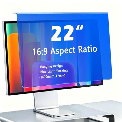 22 Inch Hanging Blue Light Blocking Screen Filter for Monitor, Anti Glare Eye Protection Display Filter, UV Protection, Removable No Adhesive Design, Fits 16:9 Widescreen PC & Computer Screens (1, 22"16:09 (490×317mm)) - size: 22"16:09 (490×317mm)