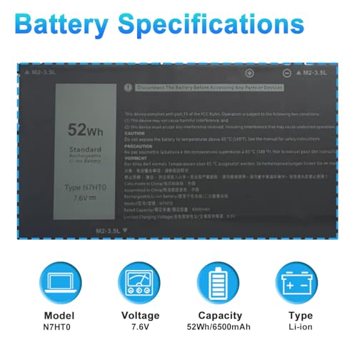 52Wh N7HT0 Laptop Battery Replacement for Dell Latitude 9510 9520 Latitude 9520 2-in-1 Series 08NFC7 V5K68 TVKGH N2NLL 7.6V 6500mAh 4-Cells (12 pin) - size: 10.39*4.74*0.37inch N7HT0
