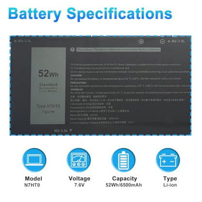 52Wh N7HT0 Laptop Battery Replacement for Dell Latitude 9510 9520 Latitude 9520 2-in-1 Series 08NFC7 V5K68 TVKGH N2NLL 7.6V 6500mAh 4-Cells (12 pin) - size: 10.39*4.74*0.37inch N7HT0