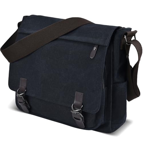CAAORDKSO Canvas Vintage Messenger Bag Shoulder bag Large Travel Crossbody bags for Men Women 14 inch Laptop Bag Bookbag Work - color: Black
