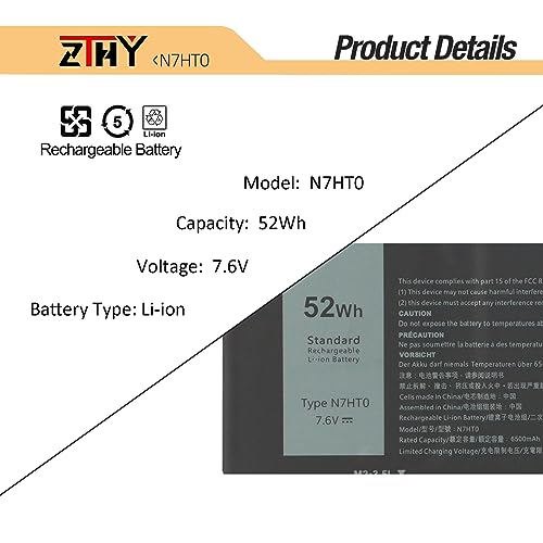 ZTHY 52Wh N7HT0 Laptop Battery Replacement for Dell Latitude 9510 9520 / Latitude 9520 2-in-1 P94F P95F P95F001 P94F001 TVKGH V5K68 N2NLL 08NFC7 N2NLL N7HTO 0PKW00 089GNG 0HYMNG 7.6V 6500mAh 4-Cell