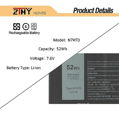 ZTHY 52Wh N7HT0 Laptop Battery Replacement for Dell Latitude 9510 9520 / Latitude 9520 2-in-1 P94F P95F P95F001 P94F001 TVKGH V5K68 N2NLL 08NFC7 N2NLL N7HTO 0PKW00 089GNG 0HYMNG 7.6V 6500mAh 4-Cell
