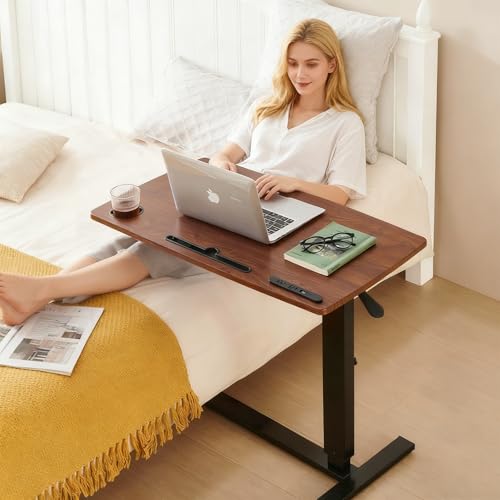 BeGyoku Overbed Table,Hospital Bed Table,Pneumatic Bedside Table Adjustable Over the Bed with Hidden Wheels&USB,Mobile Laptop Cart&Rolling Tray Table Hospital Home Use-Walnut - color: Walnut-32" L X 16" W