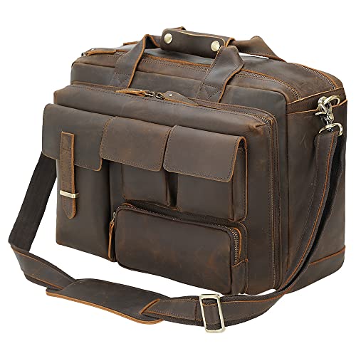 TIDING Leather Briefcase for Men 17.3" Laptop Business Travel Messenger Bag | Large Opening Main Compartment, Detachable Laptop Sleeve, Multi Pockets, Luggage Strap, Anti-theft Pocket - color: Dark Brown