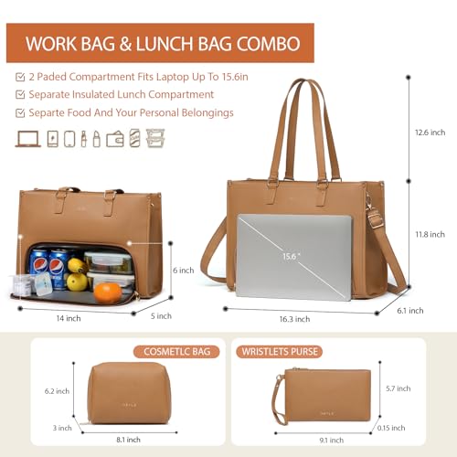 Keyli 3pcs Laptop Bag for Women 15.6 inch and Lunch Tote Bag for Women with Insulated Lunch Compartment Computer Briefcase - color: 1.0-brown