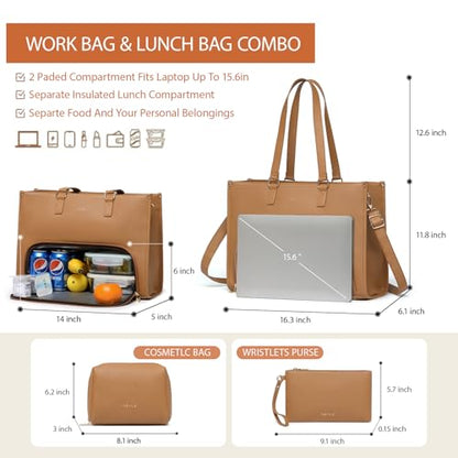 Keyli 3pcs Laptop Bag for Women 15.6 inch and Lunch Tote Bag for Women with Insulated Lunch Compartment Computer Briefcase - color: 1.0-brown