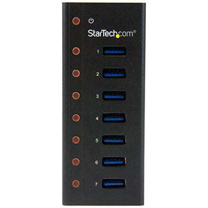 StarTech.com 7 Port USB 3.0 Hub (5 Gbps) - Metal Enclosure - Desktop or Wall Mountable - Rugged & industrial Powered USB Expander and Splitter Hub (ST7300U3M) | USB 3.0, Rugged metal enclosure, Desktop or wall-mount bracket, Upright ports for oversized co