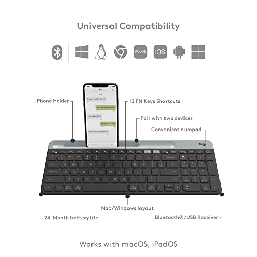 Logitech K585 Slim Wireless Keyboard with Built-in Phone Cradle - Graphite | Bluetooth with included USB receiver, connects 2 devices, cradle can hold smartphone or tablet up to 10 in. in landscape mode - color: Graphite
