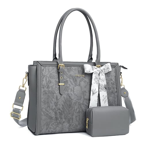 MOSISO Laptop Bag for Women, 17-17.3 inch PU Leather Tote Bag | Compatible with MacBook, HP,Dell, Front Embossed Retro Hibiscus Computer Bags with Silk Scarf&Clutch Purse, Gray - color: Gray, size: 17.3 inch