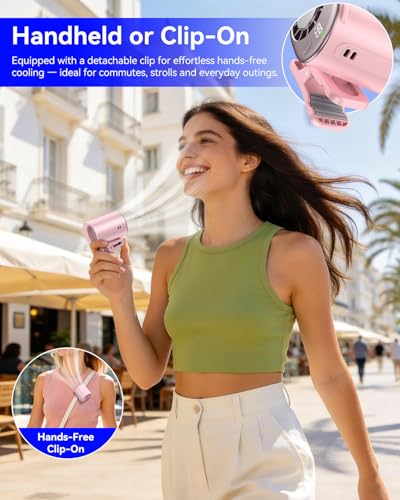 Clip-On Portable Fan with Ice Cooling, 20000 RPM Rechargeable Handheld Turbo Fan, 360° Rotating Detachable Clip, Mini Stroller Fan for Baby, Compact Travel Essentials, Summer Gifts for Women,Pink - color: Pink