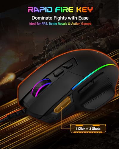 X49 Wired Computer Gaming Mouse,Rapid Fire Key,12K Sensor,Native 12400 DPI | 1ms Quick Response,20M Click Lifespan,105g Lightweight,RGB Backlit, 5.9Ft USB A Corded Gamer Mice, Ergonomic PC Maus,Black