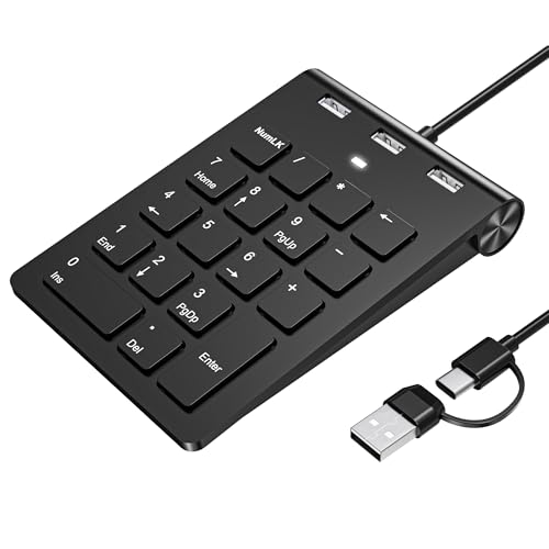 18 Key Wired Numeric Keypad with 3 Port USB 2.0 Hub, USB C & USB A Slim Portable Numpad for Laptop, Desktop, PC, MacBook, Efficiency Financial Accounting Num Pad USB c Support Plug and Play