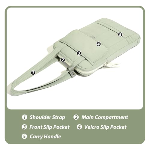 15.6 Inch Puffy Laptop Sleeve with Handle for Women Men, Green | Compatible with Macbook Pro/Air/Neo Laptops, Laptop Case with Luggage Strap, Vertical Quilted Shoulder Bag for Travel Work - color: Green