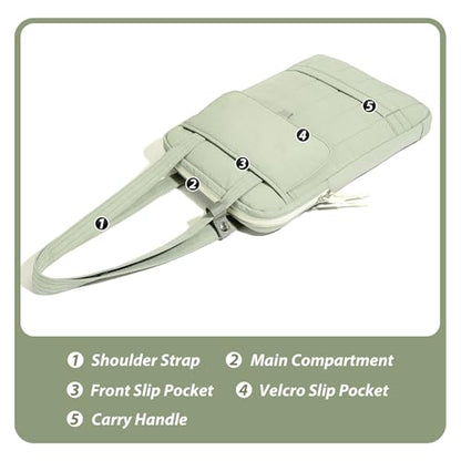 15.6 Inch Puffy Laptop Sleeve with Handle for Women Men, Green | Compatible with Macbook Pro/Air/Neo Laptops, Laptop Case with Luggage Strap, Vertical Quilted Shoulder Bag for Travel Work - color: Green