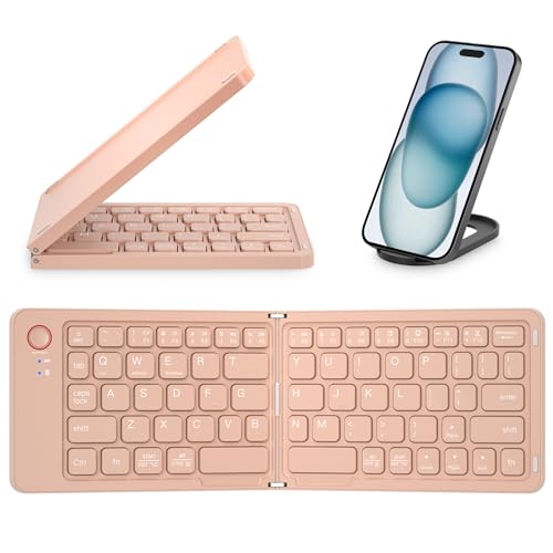 Mini Foldable Bluetooth Keyboard - Portable Wireless Full Size Keyboard (Sync Up to 3 Devices), Ultra-Slim Aluminum Travel Folding Keyboards for iPhone iPad Mac Android Windows iOS (Pink) - color: Pink