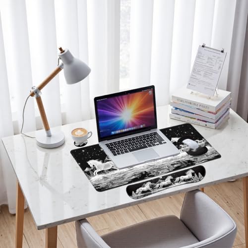 Wild Horses Desk Mat Set Black White Moon Mountain Mouse Pad with Wrist Rest 4in1 Desk Mat for Desktop Ergonomic Computer Desk Arm Wrist Anti-Slip Computer Ergonomic Mouse Pad Home Office Gaming - color: Wild Horses