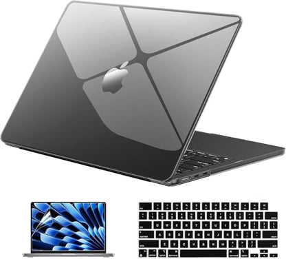 EooCoo Case for MacBook Air 15 inch M5 M4 M3 M2 2026-2023, Crystal Black | Easy to Install, Sturdy, Plastic Hard Shell Case & Keyboard Cover & Screen Protector, Model: A3448 A3241 A3114 A2941 - color: Crystal Black