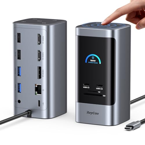RayCue 15 in 1 Laptop Docking Station 3 Monitors, Triple 8K Display with 3 HDMI, 6 USB Ports, 5 Shortcut Button, Gigabit Ethernet, PD3.0, Smart Display for Windows/Dell/Lenovo/HP...(No Power Adapter) - color: 15