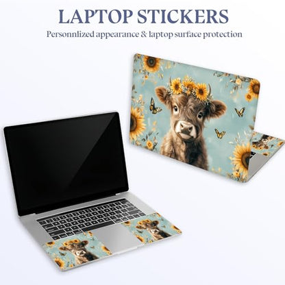 Universal Laptop Skin Sticker Decal,15.6 Inch Laptop Vinyl Cover for 13" 14" 15.6" Laptop,Waterproof Scratch-Resistant Protector Wrap,Reusable with Wrist Pads,Sunflower Highland Calf - color: Sunflower Highland Calf