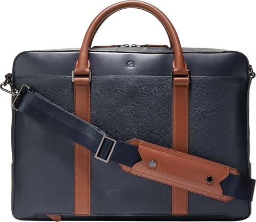 Cole Haan Men's Triboro Leather Briefcase - color: Navy Blazernew British Tan