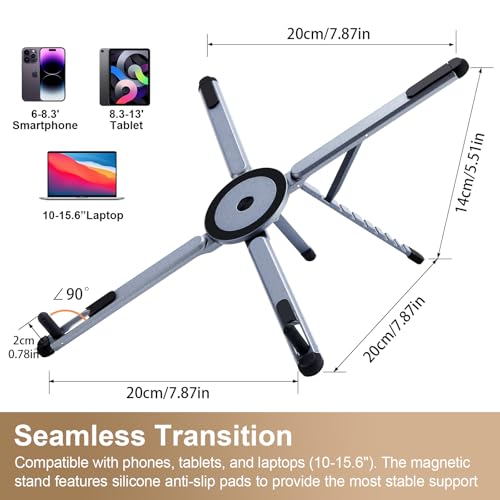 3-in-1 Foldable Magnetic Phone Tripod Stand, Portable Aluminum Alloy Adjustable Holder for Tablet, Laptop MacBook Pro/Air 10–16", Magnet Phone Mount Compatible with MagSafe iPhone Android - color: Silver