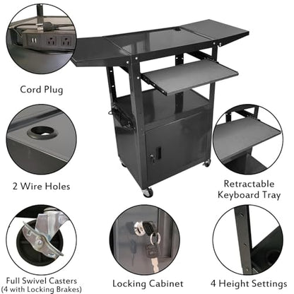 AV Cart with Locking Cabinet and Keyboard Tray Height Adjustable Utility Cart with Extra Storage,Computer Cart with Wheels and Power Strip for Presentations Office Holds 300 Lbs(Black/43”x18”x43”) - size: 43”x18”x43”