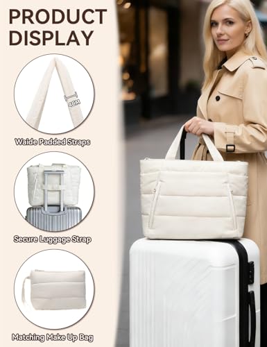 Puffer Tote Bag for Women, Nurse, Large Quilted Shoulder Bag with Cup Holder & Laptop Compartment for Work, Travel, Gym - color: Cream