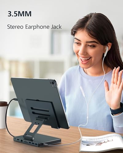 2026 iPad Pro USB C Hub Stand, Adapter for iPad Air M5 M4 M3 13 11 12.9 Inch Docking Station 4K 60Hz HDMI, RJ45 Ethernet, SD/TF Card Reader, 3 USB 3.0 Port, 3.5mm Audio, iPad A16 Galaxy Tablet Dock