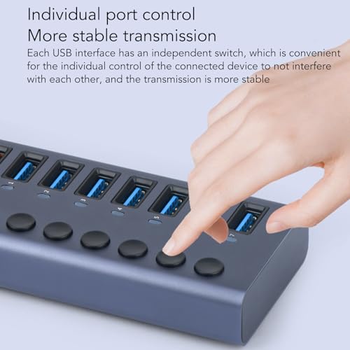 CCYLEZ 10 Port USB 3.0 Hub with Individual Switches and 60W Power Adapter for Laptop PC Game Console (US Plug)