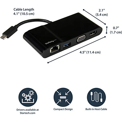 StarTech.com USB-C Multiport Adapter - USB-C Travel Dock with 4K HDMI or 1080p VGA, Gigabit Ethernet, 5Gbps USB-A 3.0 - Discontinued, Limited Stock, & Replaced by DKT31CHVL (DKT30CHV) - style: 1x USB-A 3.0 | HDMI, VGA