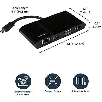 StarTech.com USB-C Multiport Adapter - USB-C Travel Dock with 4K HDMI or 1080p VGA, Gigabit Ethernet, 5Gbps USB-A 3.0 - Discontinued, Limited Stock, & Replaced by DKT31CHVL (DKT30CHV) - style: 1x USB-A 3.0 | HDMI, VGA
