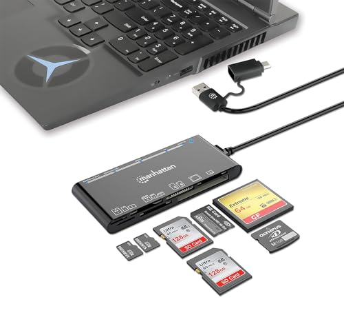 Manhattan 7 in 1 USB C & USB A Combo Multi Card Reader – Long 3 ft Cable – 5Gbps USB 3.0 - SD, TF, CF, Micro SD, XD, MS - Multiple Adapter Hub – 3 Yr Mfg Warranty – 102605 | Seven-slot flash media dock with Type-C and Type-A plugs, SuperSpeed transfers, 3