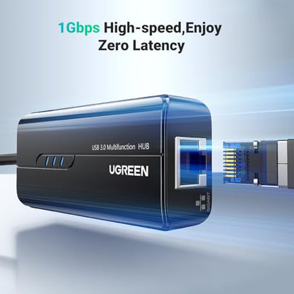 UGREEN USB 3.0 Hub Ethernet Adapter, with 3 USB 3.0 Ports Hub 1000Mbps | Gigabit Network Converter Compatible with Laptop PC MacBook Mac mini Surface XPS Windows Linux macOS, and More