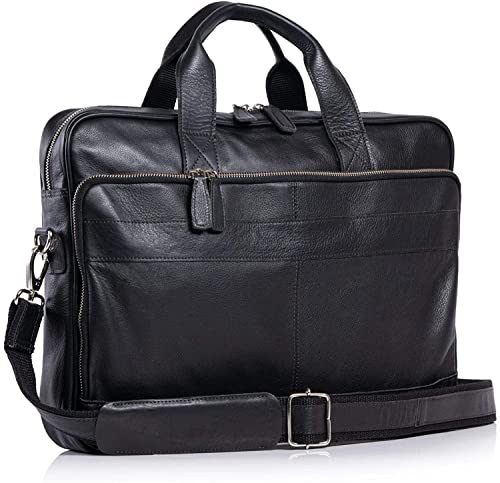 KomalC Leather briefcase 16 inch Laptop Messenger Bag for Men and Women Best Office Satchel Bag - color: Black