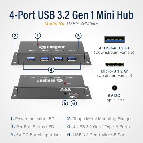 USBGear Compact 4-Port USB Hub, USB 3.2 Gen 1 Data High-Power Hub w/Power Adapter, Port Status LEDs, 5 Gbps Data, Surface Mountable