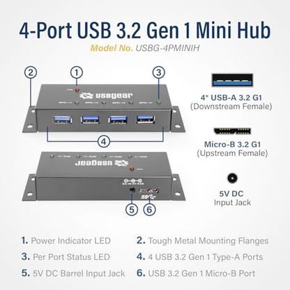 USBGear Compact 4-Port USB Hub, USB 3.2 Gen 1 Data High-Power Hub w/Power Adapter, Port Status LEDs, 5 Gbps Data, Surface Mountable
