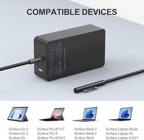 65W Surface Laptop Charger for Microsoft Surface Pro 11/10/9/8/7/7+/6/5/4/3/X, Surface Laptop 7/6/5/4/3/2, Surface Go 4/3/2, Surface Book 3/2/1,Surface Pro Charger 9ft - color: black