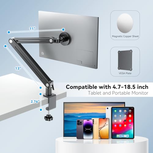 Magnetic Portable Monitor 75mm VESA Mount Arm Screen Holder Stand Clamp | Magnetic VESA,Solid Aluminum,Hold up to 4.4 lbs,Tool-Free,360° Rotation,8.3"-18.5",Foldable,Portable,Cable Clips - size: Up to 18.5''