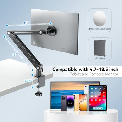 Magnetic Portable Monitor 75mm VESA Mount Arm Screen Holder Stand Clamp | Magnetic VESA,Solid Aluminum,Hold up to 4.4 lbs,Tool-Free,360° Rotation,8.3"-18.5",Foldable,Portable,Cable Clips - size: Up to 18.5''