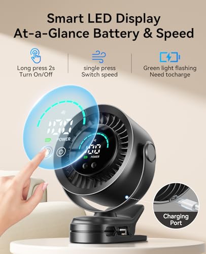 KIMMOO Portable Clip on Fan, 100-Speed Rechargeable USB Fan with LED Display, 360° Rotation & Strong Airflow Desk Fan, Up to 17 Hours Small Battery Fan for Outdoor Travel Camping Treadmill Car (Black) - color: Black