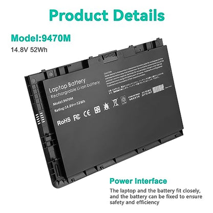 BT04XL 9470M Notebook Battery for HP EliteBook Folio 9470 9470M 9480m Ultrabook BT04 BA06 HSTNN-IB3Z HSTNN-I10C 687945-001 H4Q47AA 687517-241 HSTNN-DB3Z 687517-171 BA06XL H4Q48AA - 14.8V 52WH - size: 8.61*5.38*0.3inch 9470M