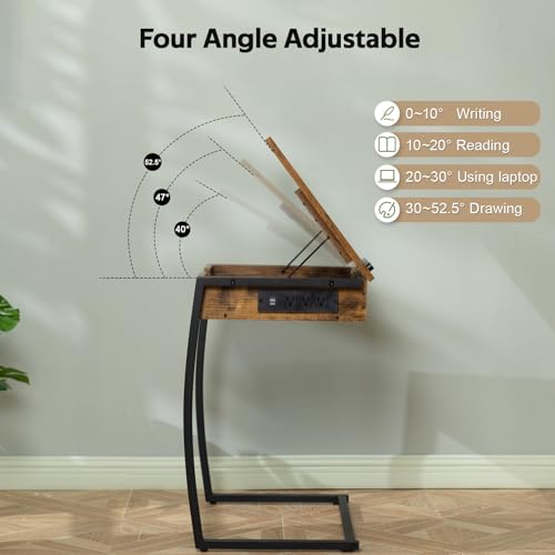 Hadulcet C Shaped End Table with Charging Station, Tiltable 0-52° | TV Tray Table Couch Tables That Slide Under, C Table End Table with Storage, Small Table Couch Desk for Small Spaces, Brown - size: 25.6"